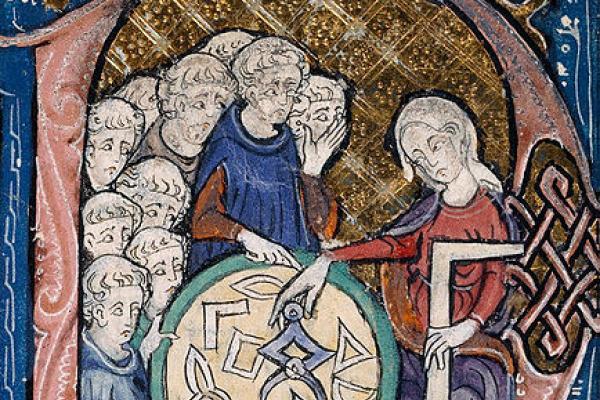 Detail of a scene in the bowl of the letter 'P' with a woman with a set-square and dividers; using a compass to measure distances on a diagram. Credit: Wikimedia Commons