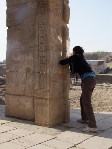 Doctoral student Chiara Salvador recording inscriptions in the temple of Ptah, Karnak (E. Frood)