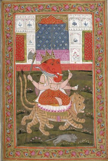 Miniature painting of Ganesh from a manuscript of Hindu rituals and devotional tracts. British Library Shelfmark: Oriental MS 13757